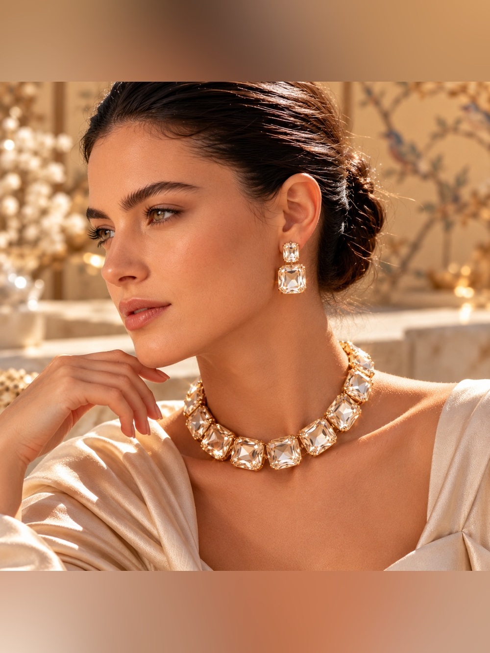 Oversized Champagne Crystal Statement Necklace & Drop Earrings Set Fifi’s Closet - Picture 5 of 6